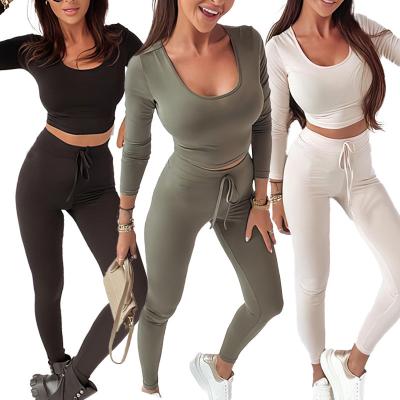 China 2022 Sports Free Sample Fitness Bodycon Woman Bodycon Custom Casual QUICK DRY Solid Color Casual Wearing Slim Fit Long Sleeve Women Two Piece Pants Sets for sale