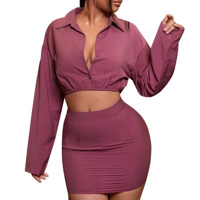 China Autumn High Quality Anti-Static Solid Color Casual Blouses And Mini Skirt Set Fashion Crop Tops Button Sexy Slim Zipper Women 2 Pieces Skirt Set for sale