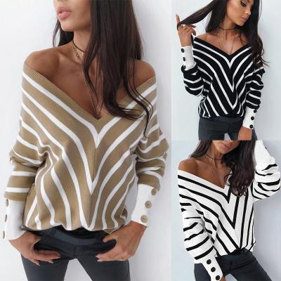 China Stylish Anti Wrinkle Striped Long Sleeves Print Deep V Neckline Comfortable Sweater Outwear Sexy Casual Women Sweater for sale