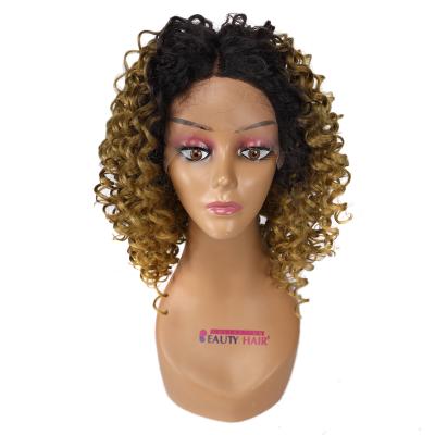 China Black Women's Bob Wig Natural Deep Wave 14Inches Heat Resistant 14Inches Synthetic Curly Hair Biology Middle Hair T-Part Lace Wigs for sale