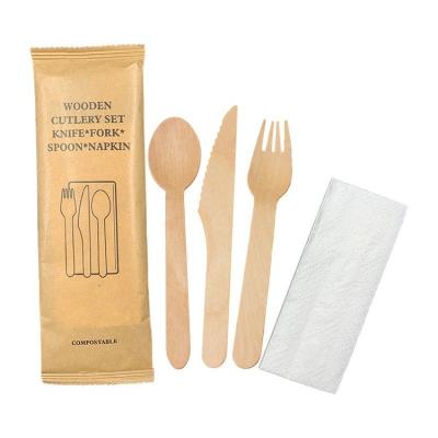 China Individual Package Wooden Forks Spoon Knife And Napkin Disposable Wooden Cutlery Set for sale