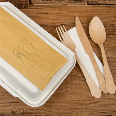 China Biodegradable Disposable 200mm Wooden Knife Fork Spoon Birch Wood With Napkin Wrapped for sale