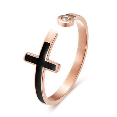 China FASHIONABLE Simple Elegant Cross Rose Gold Stainless Steel Crystal Women Girls Open Rings for sale