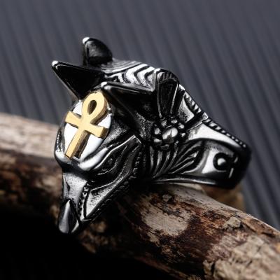 China Vintage 316L Stainless Steel Titanium Steel Mens Jackal's Head Ring Hiphop Vintage 316L Ancient Egyptian Myth Anubis Ring for Men for sale