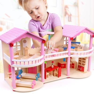 China 24cm Pink Mini Wooden Doll House Toys Traditional Colored for sale