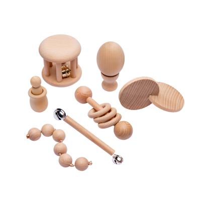 China Graphic Rattles 7Pc Wooden Teether For Baby Wooden Teething Ring for sale