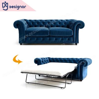 China Modern DG Living Room Adorned Velvet Chesterfield Sofa With Pull Out Bed Fabric Underneath for sale