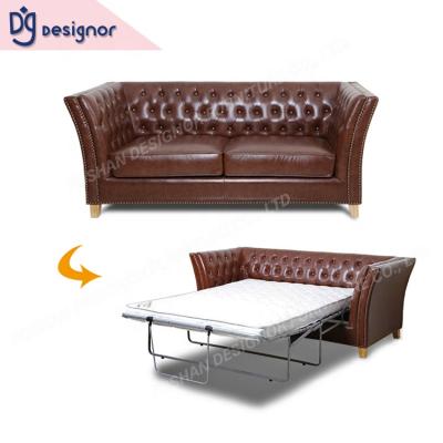 China DG Folding Modern Chesterfield Leather Sleeping Lounge Brown Sofa Bed Replica With Mattress Bed for sale