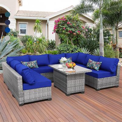 China Eco-friendly\UV Resistant\Water Proof\Weather Resistant KD Structure Packing 9 Pcs PE Rattan Silver Gray Garden Sofa Sets Outdoor Furniture Garden Sets for sale