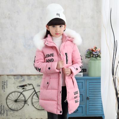 China Newest Design Anti-wrinkle New Letter Big Fur Winter Long Sleeve Collar Hooded Thick Cotton Children Girl Coats for sale