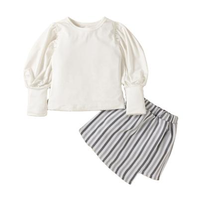 China 2021 Autumn Girls Clothing Toddler Kids Casual Ruffle Baby Long Sleeve T-Shirt Tops Striped Skirts 2pcs Teams Set Kids Wear for sale