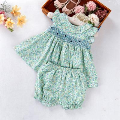 China C07768 Summer Floral Kids Breathable Clothes Toddler Infant Baby Clothing Sets For Girls Smocked Dress Cotton Ruffles Kids Outfit for sale