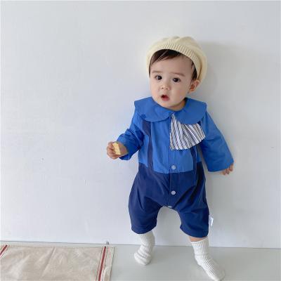 China Q2-Baby Spring And Autumn Cartoon Romper Jumpsuit Sling Mock Two Piece Blue Baby Clothing Set for sale