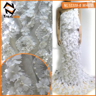 China Viable African Lace Tulle Lace Fabric White Bridal Embroidered Pearl Bead Lace Fabric for sale