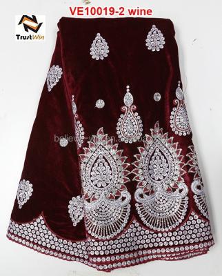 China Viable Cheap Price Embroidery Designs With Sequins And Beads Embroidered Velvet Fabric VE10019 Wine for sale