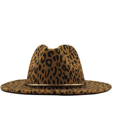 China Hot New Leopard Print Fedora Jazz Hat Wholesale 100% Wool Leopard Print Felted Hat Hat Sale Flat Brim Top Hat for sale