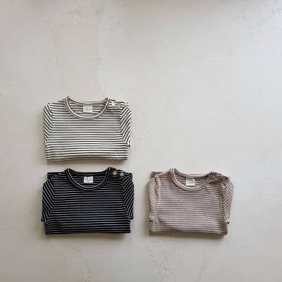 China Breathable Spring Stripe Print Knitted Baby Girl Infant Boy Kids Tops Clothes Simple Casual Style Long Sleeve Soft Solid Color T-Shirt for sale