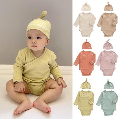 China Spandex/Cotton Spring Autumn Newborn Baby Boys Girls Sheer Color Jumpsuit+Baby Boy Infant Girl Hat Kids Long Sleeve Clothes Kids Rompers for sale