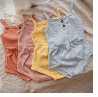 China Wholesale Breathable Summer Toddlers Clothing Solid Color Infant Cotton Sleeveless Waffle Sets Baby Boy Girls Clothes Outfits for sale