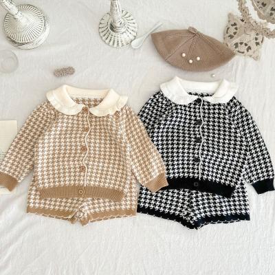 China Boutique Breathable Kids Retro INS Sweetie Knit Sailor Collar Clothing Set Toddler Baby Long Sleeve Cardigan + Shorts 2pcs Sweater Set for sale