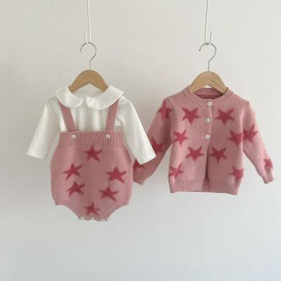 China Breathable Cute Baby Pink Star Pattern Outfit Set For Winter Infant Girl Sleeveless Coverall +Long Sleeve Knitted Cardigan Sweater for sale