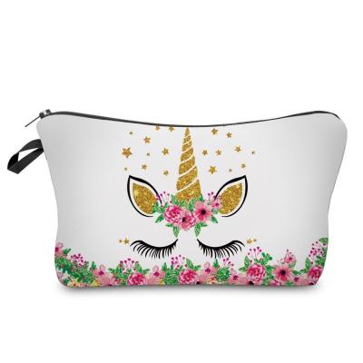 China Fashion Wholesale Gold Unicorn Printing Mini Women Durable Function Beauty White Cosmetic Bags for sale