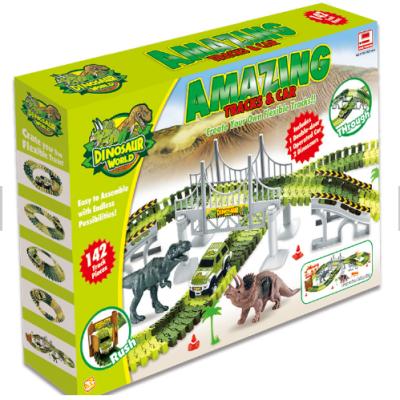 China Dinosaur 142 Set Electric Race Track With Action Numbers 1 Race Car And 2 Flexible Building Toy Pcs Train Track Race Car Set for sale