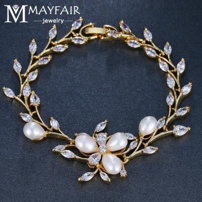 China FASHIONABLE Wholesale Unique Design Luxury Platinum Plated Real Flower CZ Wedding AAA+ Clear Zircon Bridal Women Bead Bracelet Jewelry for sale