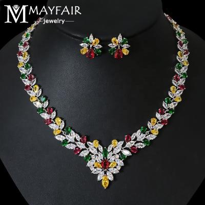 China MAYFAIR TRENDY Tops Fashion Luxury Multicolor Iced Out Cut Flower AA Zircon Stud Earrings Necklace Bridal Jewelry Sets For Women for sale