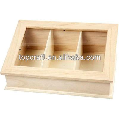 China Wooden Glass Sloping Storage Recyclable Plain Lid Display Box 3 Compartments Decorate Craft for sale