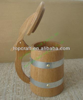 China Europe Oak Wood Hot Selling Natural Solid Beer Mug With Stand And Movable Cover And Metal Rings for sale