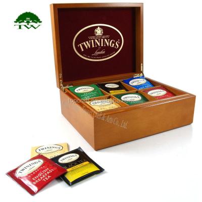 China Europe Twinings 6 Compartment Wooden Tea Box Filled With 50 Hand Selected Tea Bags for sale