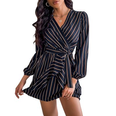 China Summer Breathable Long Sleeve Spring Fashion Women Striped Belted One-Piece Dress for sale