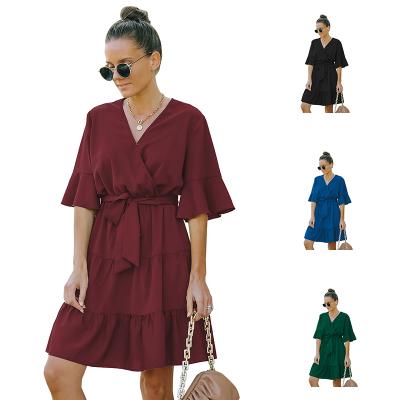 China Wholesale Breathable Casual Party Chiffon Plain Sash V-Neck Ruffle Womens Clothing Dresses Summer One Piece Dress for sale