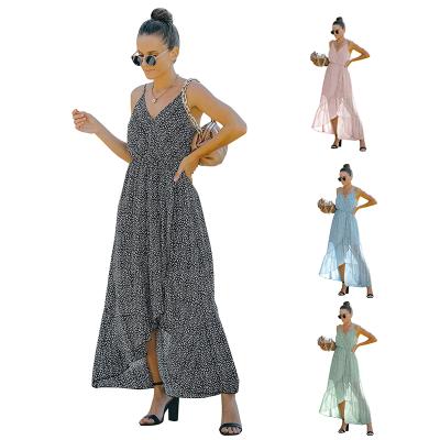 China Breathable Dot Print V-Neck Women Dress Summer Spring Backless Ruffles Beach Long Dress For Women Loungewear for sale