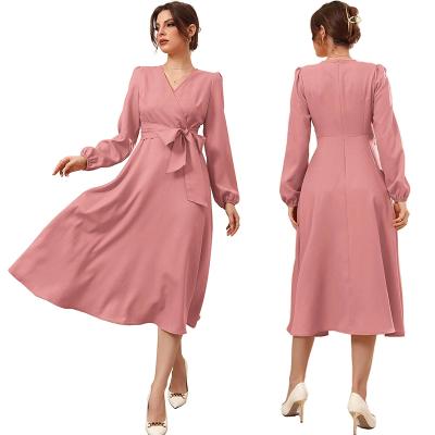 China Breathable Fancy Ladies Wears Casual Elegant Dresses Women V Neck Belted Pink Longsleeve Summer Midi Dress for sale