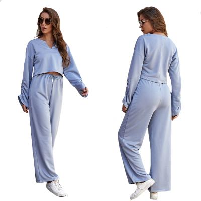 China Drop Breathable Light Blue V-Neck Loose Pleated Long Sleeve Wide-Leg Pants 2 Piece Set Women's Cropped Jogging Suits for sale