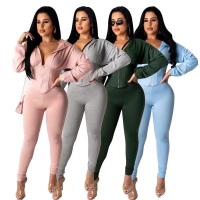 China Latest Design Women Joggers Breathable Sweatsuits 2 Piece Set Solid Cropped Zipper Up Hoodie Tracksuit Gym Yoga Jogger for sale