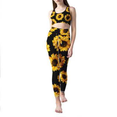 China New Fashion Sunflower Print High Waist Sports Tight Breathable Fitness Women's Yoga Two Piece Set for sale