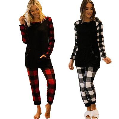 China Breathable Western Women's Christmas Fall Adult Boutique Pajamas 2 Pieces Long Sleeve Polyester Loungewear Plaid Sweater Pants Pajamas for sale