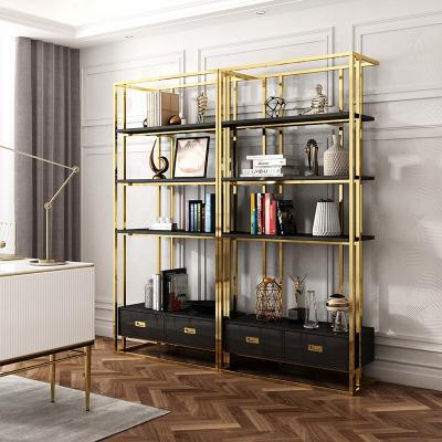 China Modern light luxury simple glass shelf living room study furniture fashion stainless steel glass bookcase with drawers for sale