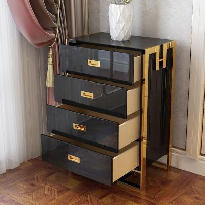 China Black Modern Light Luxury Bedroom Storage Cabinet High Density Panel 4 Drawer Cabinet Sideboard Black Sideboard for sale