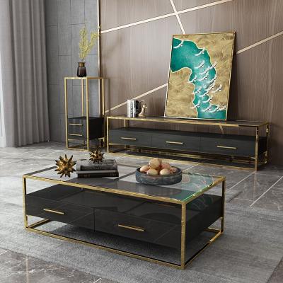 China 2020 Classic Stainless Steel Living Room Furniture TV Cabinet 8MM Modern Luxury Custom Tempered Glass Panel TV DST Coffee Table for sale