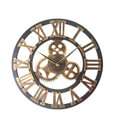 China LUMINOVA Retro Vintage Rustic Golden Wooden Gear Roman Numerals Silent Wall Clock for sale