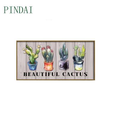 China Minimalist Nordic Style Gold Metal Framed Cactus Plague Solid Wood Sign For Wall Decor for sale