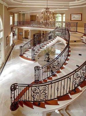 China Indoor arc shape staircase, wrought iron balustrades, wrought iron spiral staircase, marble stepping, TS-41 for sale