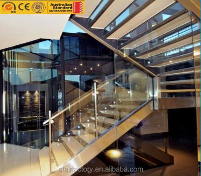 China Modern Home Bedroom Glass Stairs Used Tempered Glass Treads Stairs Stainless Steel Handrails Laminated Glass Railing Staircase TS-397 for sale