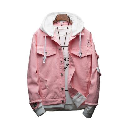 China Autumn Hooded Denim Jackets Pink Jean Coats Good Quality Men's Sustainable Cotton Holes Denim Coats Fashion Jean Jackets Size 3XL for sale