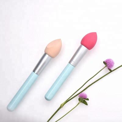 China Custom Puff Base Sponge Long Wood Handle Cosmetic Sponge Blender Brush for sale