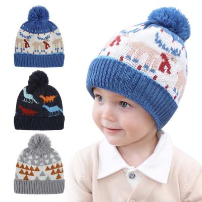 China COMMON European Style Jacquard Knit 1-4 Years Old Kids Beanie With Pompom Winter Animal Pattern for sale